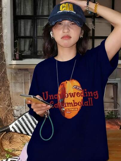 2026新款夏季女式圆领上衣，撞色字母和水果印花，休闲时尚百搭街头学院风宽松短袖T恤