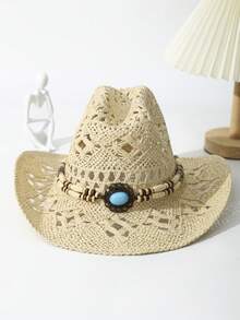 1pc Unisex Wooden Bead Decor Boho Ridge Wide Brim Hollow Out Hand Woven Cowgirl Hat Travel Shade Breathable Adjustable Chin Strap Travel Shade Windproof Rope Casual Handmade Beach Hat Cowboy Hat Straw Hat Sun Hat - 米色 - 查看 4