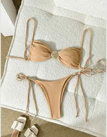 Thin Strap Thong Bikini With Side Tie, Shell Buckle, And Padded Cups - Nude - View 5