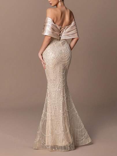 Faeriesty This Elegant Off-The-Shoulder Mermaid Evening Gown Features Pearl Sequins And A Tie-Back Design, Perfect For Formal Occasions - Ideal For Wedding Receptions, Red Carpet Events, Black-Tie Galas, Awards Ceremonies, And Charity Balls.