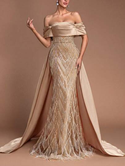 Faeriesty Luxury Off-Shoulder Beaded Gown With Satin Contrast Panels & Fish Tail Skirt - Floor-Length Evening Dress For Formal Events