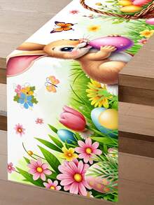 1pc 35*180cm Polyester Easter Farm Style Table Runner, Featuring Vivid Rabbit, Eggs And Basket Patterns, Suitable For 2025 Easter Home Decor, Kitchen Dining Table Decoration, Spring Holiday - Multicolor - View 12