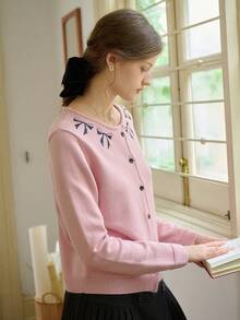 Cárdigan de manga larga con cuello redondo, estilo casual de primavera, con bordado de contraste, elegante, de moda retro y temperamento suelto para mujeres jóvenes - Rosa - Ver 7