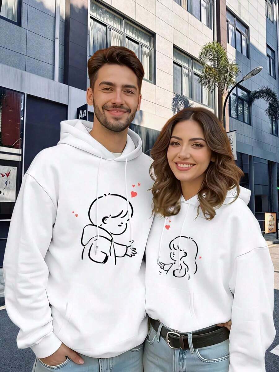 2026 Couple Hoodies, Thick And Warm, Must-Have Matching Set For Autumn And Winter, Cartoon Love Design, Everyday Gift For Him And Her, Holiday Gift, Unisex Outfit CP - 女人2 - 查看 1