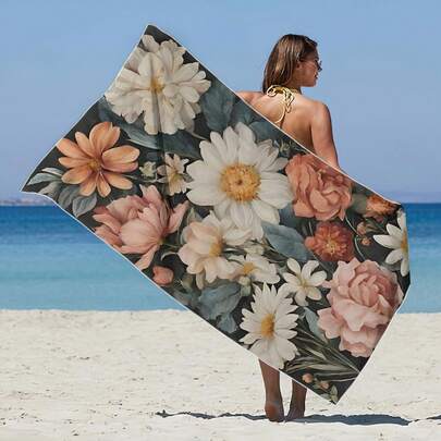 1条印花沙滩巾，高吸水性浴巾，适用于浴室、游泳、健身、瑜伽，柔软舒适的超细纤维材质，轻便易携，防风防晒，适合夏季旅行、度假和浴室装饰。