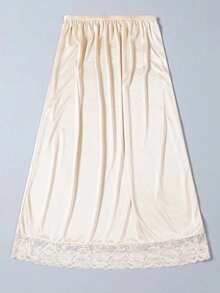 Knee-Length White Satin Contrast Lace Lining Skirt, Opaque Anti-Flashing Lace Trim A-Line Skirt, Matching Underskirt - White - View 8