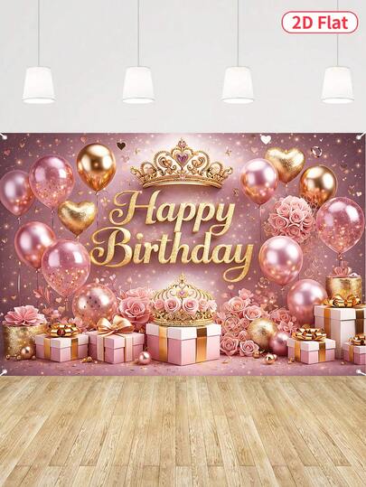 1Pc Luxury Rose Gold Birthday Backdrop,Happy Birthday Background Cloth With Crown, Balloons,Gift Design,1st Birthday Party Background Decor,Birthday Celebration Backdrop Banner,Baby Shower Decorations,Gender Reveal Party Supplies,Birthday Photo Background Decor,Baby Room Decor