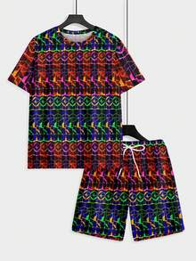 Two-Piece Minimalist Style Knitted Fabric Calm Grand Men's Set For Daily Work & Casual Dates, Summer Blue Black Texture All-Over Print Loose Short Sleeve Beach Shorts Set - 彩色 - 查看 6