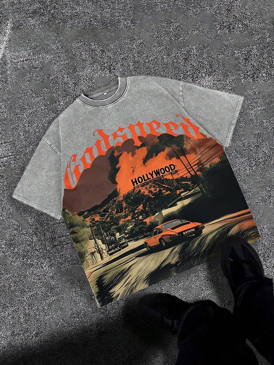 Men's Washed Vintage Crewneck T-Shirt, 100% Cotton 230GSM, Godspeed  Highway Car Print, Retro Faded Style, American Streetwear, Summer Outfit, For Daily Commute, Streetwear, Music Festivals, Friends Gatherings, Valentine's Day Gift For Boyfriend - 灰色 - 查看 1