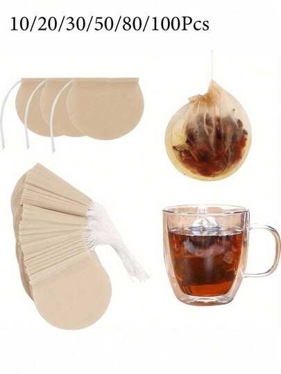 50/1pc Unbleached Tea Bags, Natural Disposable Round Tea Filter Bags, Unbleached Paper With Drawstring, Suitable For Loose Tea, Coffee, Spices And Soup Ingredients, Essential Kitchen Item