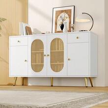 Commode-buffet 140 cm (35x82 cm) blanc et teintes naturelles : 2 tiroirs, 4 portes et tablettes réglables pour salon ou cuisine - défaut - Voir 5