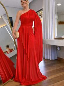 Women's Long Party Dress, One Shoulder With Elegant Slit, One Size M (Fits Sizes 38 To 42) Simple, Elegant Party Dress, Perfect For Beach, Weddings, Bridesmaids, And Graduations. - 紅色 - 查看 1