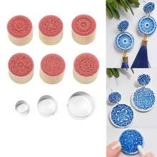 3厘米圆形粘土切割器曼陀罗纹理粘土印章块陶艺陶瓷压花印章，适用于聚合物粘土压印艺术爱好工具 - 紅色 - 查看 9