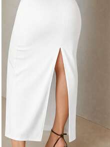 Long, Fitted Skirt With A Slit, Elegant Split Skirt, Midi Skirt With Elastic Waistband For Parties, Basic And Chic. - 查看 2