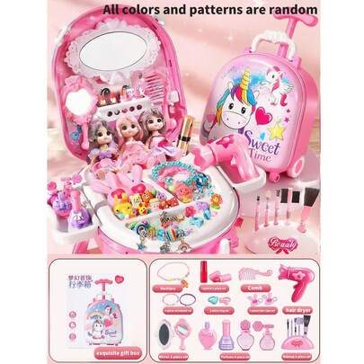 女孩独角兽化妆箱，儿童角色扮演公主化妆玩具套装，逼真拉杆式手提箱玩具，适合女孩和儿童过家家化妆玩具套装