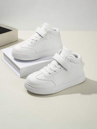 Children's Fashionable Solid Color High-Top Casual Sports Shoes, Soft Sole Non-Slip Wear-Resistant, Hook And Loop Easy On/Off, Unisex School Shoes