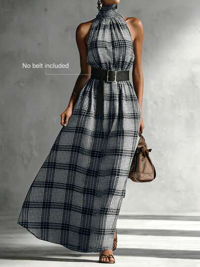 Versatile Sleeveless Dress, Black & White Plaid Pattern, Suitable For Commute And Vacation
