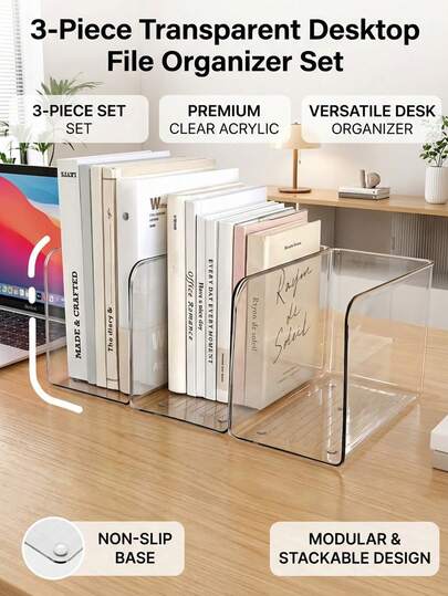 3 piezas Organizador de archivos de escritorio transparente - Estantería multifuncional y caja de almacenamiento de papelería, con base antideslizante, soporte de archivos de acrílico transparente - Adecuado para escritorio de oficina, estudio en casa, almacenamiento de útiles escolares - Bandeja modular para papeles - Organizador de espacio de trabajo - Estantería para libros - Esencial de oficina - Organizador de escritorio minimalista, esencial para volver a la escuela