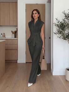 两件套优雅休闲通勤商务职场法式系带无袖背心上衣+宽松阔腿裤两件套夏季套装 - 深灰色 - 查看 3