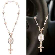 方向盘念珠吊坠，带圣母玛利亚吊坠和十字架的方向盘饰品，珍珠心形链天主教汽车内饰挂饰 - 愛心 - 查看 2