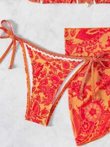 3-Piece Bikini Swimsuit Set, Sexy Women's Neck Strap Swimsuit With Floral Print For Summer Beach Wear, Random Print - Orange - View 4