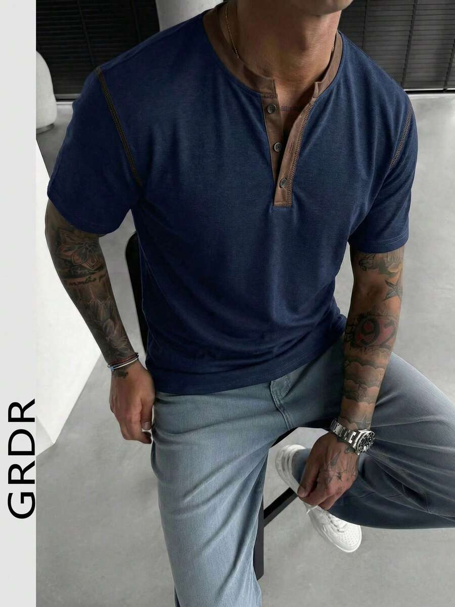 GRDR 1pc Men's Casual Henley Neck Short Sleeve T-Shirt, Summer - Navy Blue - View 1