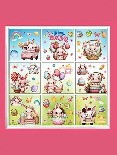 9pcs Easter Window Clings, Easter Bunny Eggs Flowers Window Stickers, Easter Decorations, Cartoon Cute Easter Eggs Tree Bunny Window Decals Double-Sided Spring Colorful Wreath Butterfly Stickers, Suitable For Holiday Stores Home Glass Display Decor, Also For Home Office Shop Party Decoration