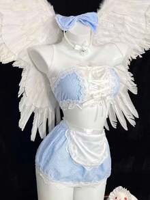 Blue Grid Maid Role-Play Costume Women Sexy Nightwear Laceup Mini Skirt JK Style Floral Lace Valentine's Day Honeymoon Weeding Night Sexy Sleepwear Nightgown With Headband For Wife Lover - 藍色 - 查看 1