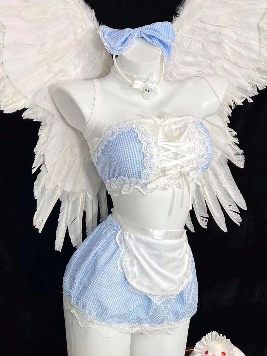 Blue Grid Maid Role-Play Costume Women Sexy Nightwear Laceup Mini Skirt JK Style Floral Lace Valentine's Day Honeymoon Weeding Night Sexy Sleepwear Nightgown With Headband For Wife Lover - 藍色 - 查看 1