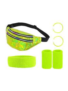 4件套 D EXCEED 80年代霓虹吸汗带套装，玫瑰红运动头带腕带腰包健身套装，适合运动瑜伽派对，80年代女士霓虹配饰，圣帕特里克节 - 彩色 - 查看 14