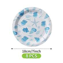Platos, servilletas y vasos desechables con diseño de conchas en acuarela azul - Juego de suministros para fiesta de un solo uso, sirve a 8 invitados, platos de papel desechables, vajilla de fiesta adecuada para cumpleaños, bodas, fiestas temáticas, picnics familiares - Multicolor - Ver 6