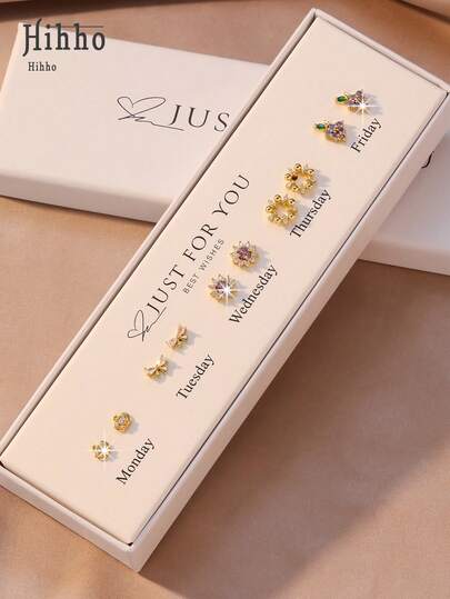 Hihho 10pcs/Set New Fashionable Classic Sparkling Zirconia Inlaid Simple Design Crown, Bow Tie, Flower, Matching, Geometric Women Earrings Set (Exquisite White Gift Box)