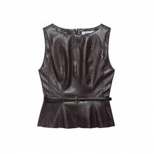 Women's Elegant Round Neck Faux Leather With Belte Top And Split Midi Skirt Two Pieces Set Summer - Chocolate Brown - View 4