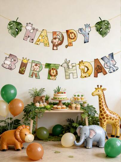 1 Set Jungle Animal Theme Happy Birthday Banner, Jungle Animal Birthday Party Decoration Pennant, Birthday Party Background Decoration Banner, Jungle Birthday Hanging Decor, Home Decor, Birthday Wall Decor, Wild One Birthday Decoration, Birthday Party Supplies, Birthday Gift