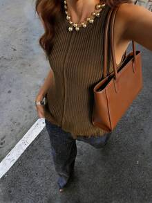 新款春夏法式优雅休闲女式针织背心，适合日常、通勤、办公穿着 - 咖色 - 查看 1