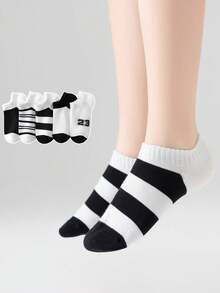 5/10 Pairs Kids Socks, Black & White Striped Sports Ankle Socks, Fashion Casual Breathable Soft Invisible Socks, Suitable For Daily Wear, Back To School, Holidays, Outdoor Sports - Multicolor - View 1