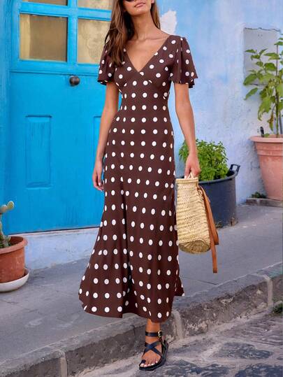 New Fashionable Elegant Polka Dot Bohemian Casual V-Neck Short Sleeve Tie Back Dress, Suitable For Vacation, Holiday, Wedding, Casual Everyday Wear