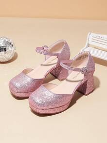 Girls Glitter Platform High Heels Square Toe Ankle Strap Wedding Party Pumps Flower Girl Shoes For Little Big Kid - Hồng - Xem 4