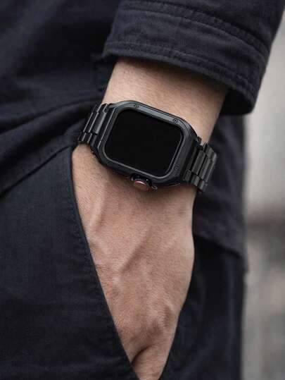 1pc Men Women Apple Business Fashion Stainless Steel Metal Watch Strap+Anti Drop Silione Screen Protector Case, Compatible With Apple Watch Case 40mm 41mm 44mm 45mm 49mm, Compatible With Iwatch Series Ultra/SE11/10/9/8/7/6/5/4 Smartwatch Strap Case Accessories, Fashion Smart Watch Strap Accessories Compatible With Apple Watch Bands, Bracelet Watch Strap Accessories, Suitable For Formal Occasions Daily Wear, Great Gift For Friends Family