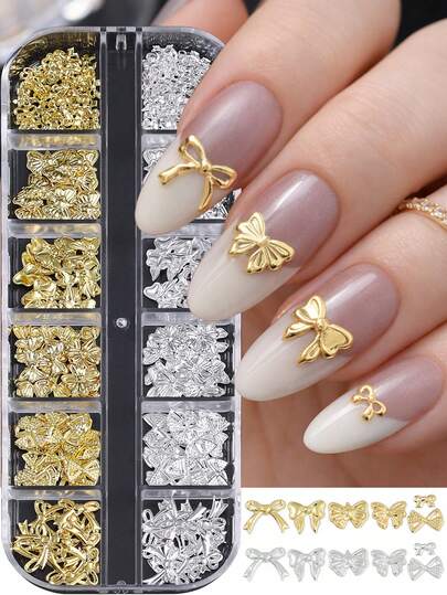 6/12grids 3D Gold Sliver Bow Nail Art Charms, Alloy Ribbon Bow Design Thin Flake, Vintage Nail Decoration Kit Wedding Jewelry Spring Summer Manicure Supplies For Salon