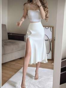 白色缎面高开衩纽扣半身裙，法式优雅A字裙，春季款 - 白色 - 查看 1