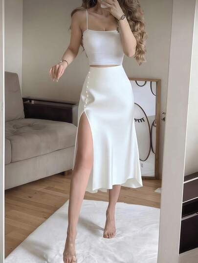 Falda de satén blanco con abertura alta y botones, falda elegante francesa de línea A para primavera