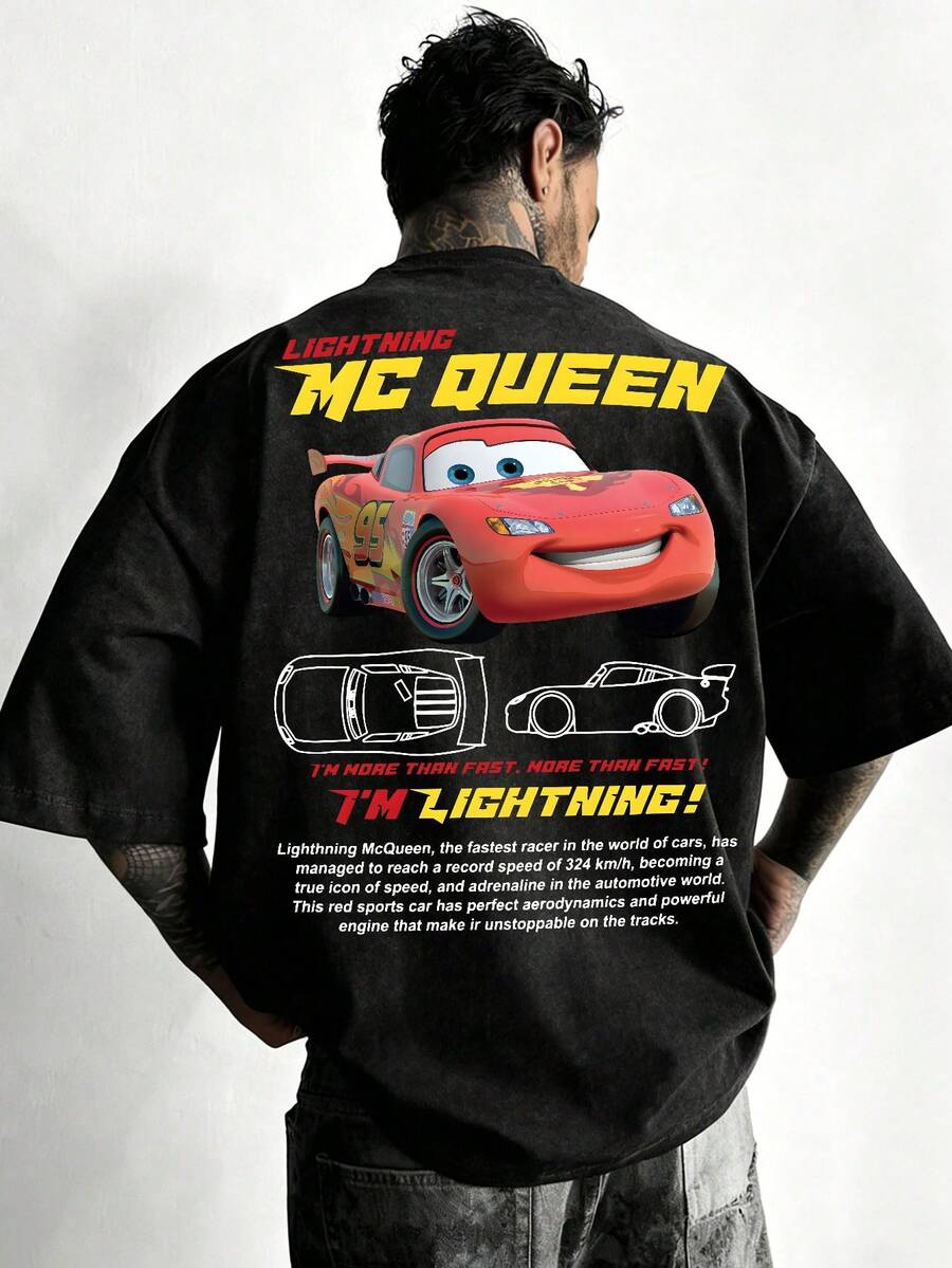 Disney-Racing Mobilization Lightning McQueen Pure Cotton Short Sleeved T-Shirt For Men In Summer Doing Old Water Washed Loose Large Size Top Car Design Printed Casual Half Sleeve Parent Child Wear - màu đen - Xem 1