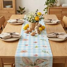 1 件可重复使用的复活节厨房桌布，饰有复活节兔子耳朵、印花和蓝色格子图案。采用亚麻面料制成，是家居餐桌装饰、派对装饰、节日装饰和庆典用品的理想之选。提供多种尺寸，也适合作为礼物。 - 彩色 - 查看 6