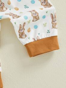 Conjunto de 3 piezas de trajes de Pascua para bebés varones, mameluco de manga corta con estampado de conejito, pantalones y gorro, ropa para recién nacidos - Blanco - Ver 8