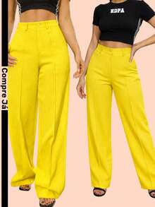 Women's Wide Leg Tailored Trousers, High Waist, Current Fashion, Premium Comfortable Fabric, Yellow - Màu vàng - Xem 6