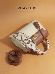 1件装时尚蓝色（围巾可DIY）拼接白色极简风格手提包，适合商务、休闲、购物和上学等场合，正面旋扣设计，配有肩带和斜挎带，百搭复古魅力，适合优雅独特的女性，适合任何场合展现独特的时尚品味。 - 棕色 - 查看 2