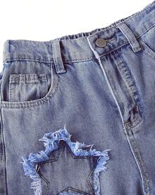 Girls Baggy Wide Leg Ripped Denim Jeans High Waist - 星-980 - 查看 5