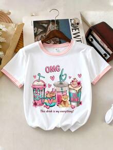 2 pièces/Set T-shirt à manches courtes et short blocs de couleur pour filles, imprimé d'un ours buvant du bubble tea, ample et respirant, tenue d'été mignonne et - Multicolore - Voir 3