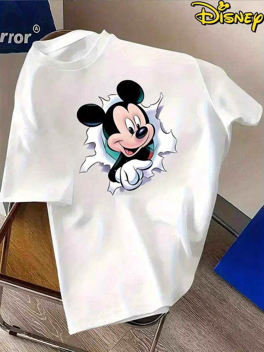 Men's Leisure Disney Mickey Mouse Printed T-Shirt-Black Gold Stripe Design, Comfortable Polyester Round Neck T-Shirt, Suitable For Everyday Street Wear, Necessary In Summer. - 白色 - 查看 1